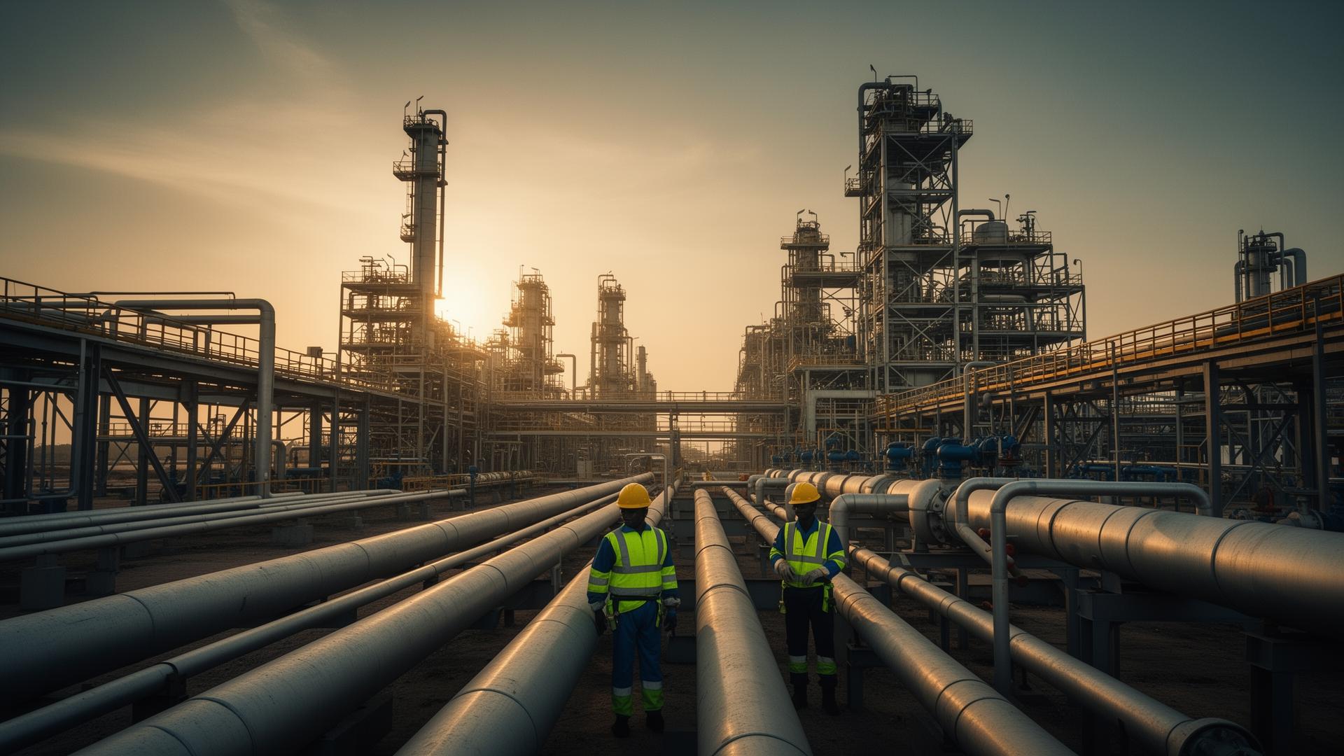 Industrial oil and gas facility at golden hour